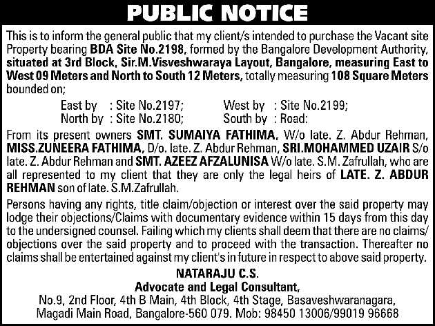 Public Notice Nataraju C S Advocate And Legal Consultant Ad - Advert ...