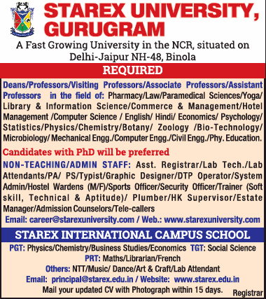 Starex University Gurugram Required Ad - Advert Gallery