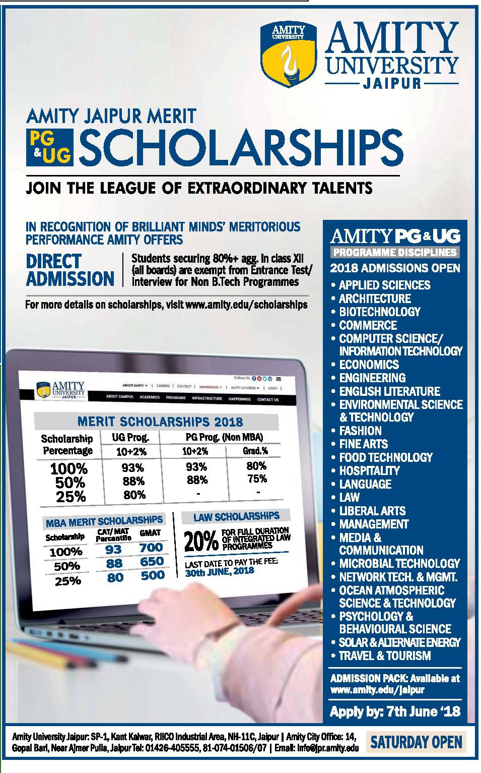 Amity University Jaipur Amity Jaipur Merit Scholarships Ad ...