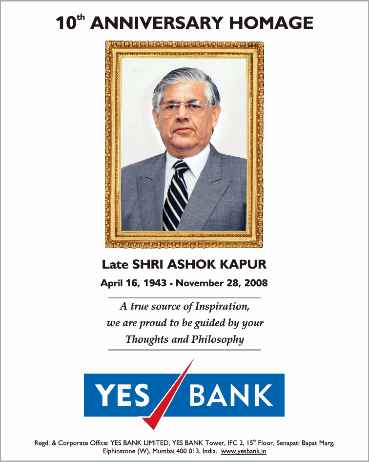 Shri Ashok Kapur 10th Anniversary Homage Ad by Yes Bank in Times of ...